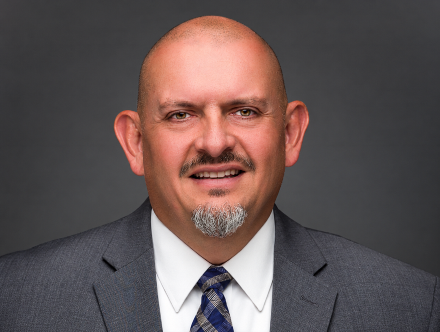 A portrait of a bald man with a goatee, wearing a grey suit, white shirt, and blue patterned tie against a dark background.